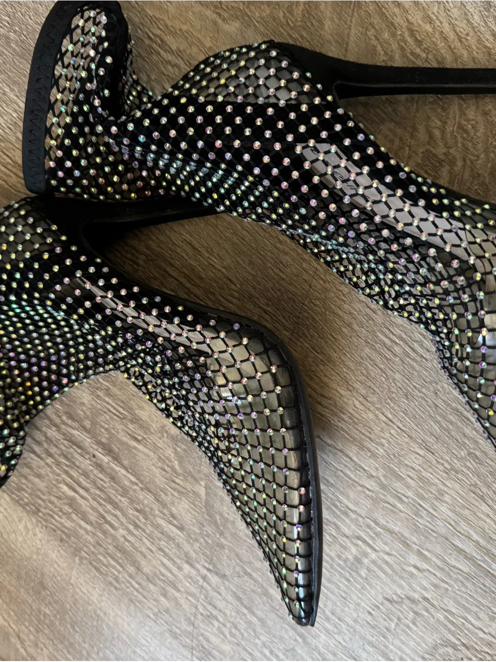 Public Desire Black Crystal Fishnet Mesh Pointed Toe Sock Booties UK 4 US 6